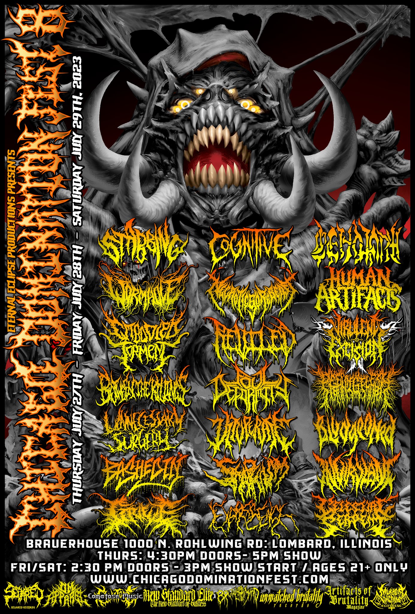 Chicago Domination Fest 8, July 27th-29th - Featuring Between The Killings, Foul Deformity, PeelingFlesh, Unnecessary Surgery, stabbing, Vituperate, Bludgeoned, INVIRULANT, Scaphism, BASHED IN, Excrescence, Celestial Serpent, cognitive, cenotaph, and more TBA